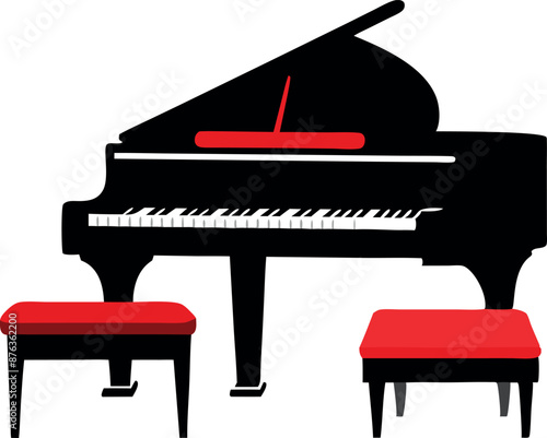 A grand piano with two stools. Perfect for music lessons and concerts. High-quality illustration.