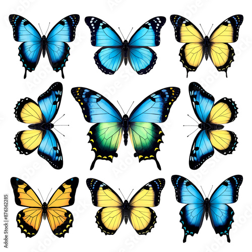 PNG set of beautiful blue green yellow butterflies isolated on white or transparent PNG