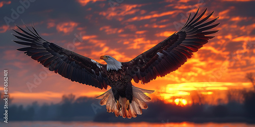 Majestic Bald Eagle Soars at Sunset