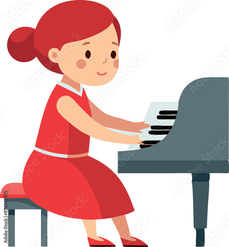 Little girl at the piano concentrating on her music. Developing her musical talent through practice.