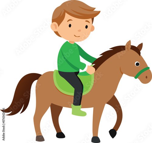 Young boy sitting on a horse ready for a ride. Enjoying horseback riding in nature.