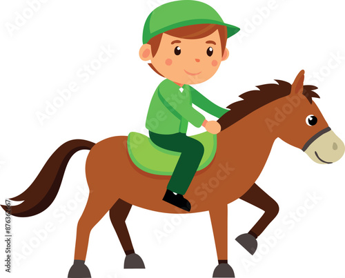 Young boy riding a horse with enthusiasm. Learning horseback riding as an outdoor activity.