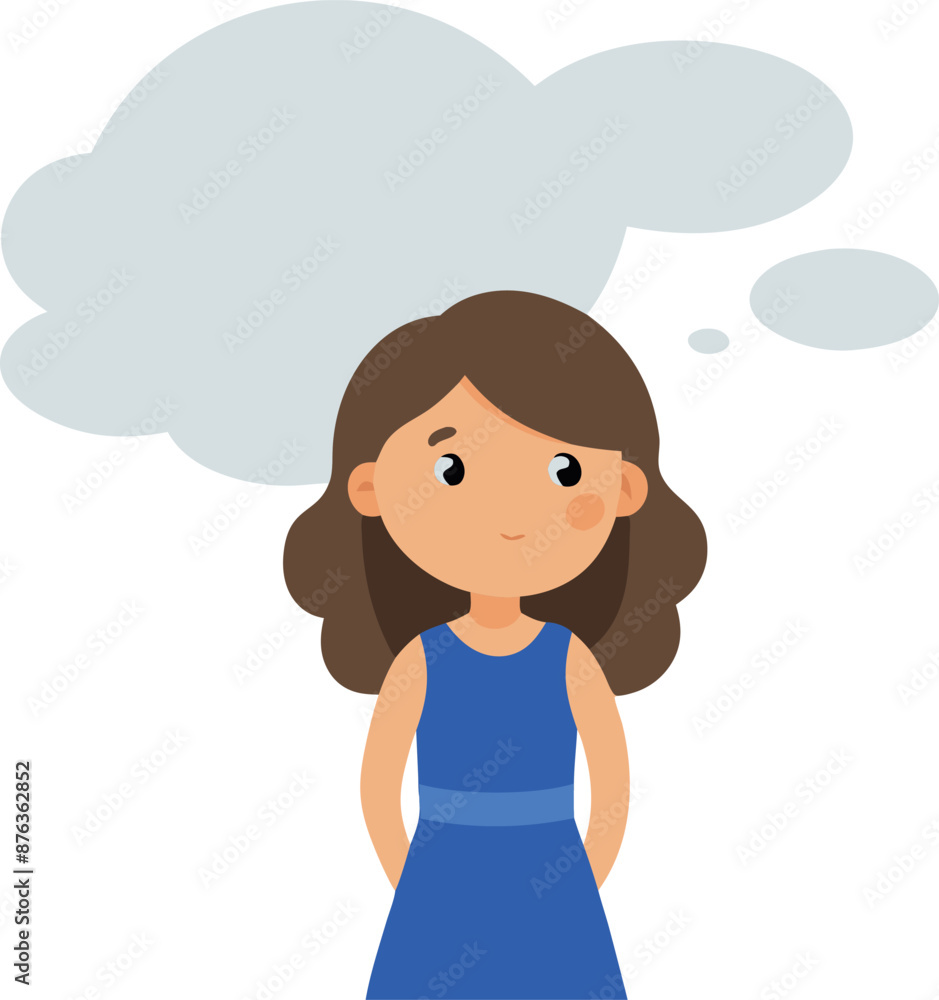 Illustration of a young girl thinking with a thought bubble above her head, expressing contemplation Illustration of a young girl thinking with a thought bubble above her head, expressing contemplation