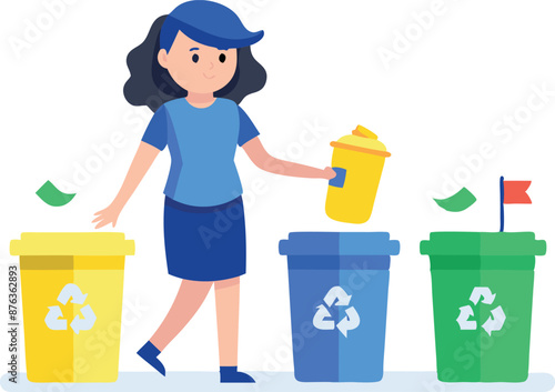 Illustration of a young girl sorting recyclable materials into recycling bins, promoting environmental awareness