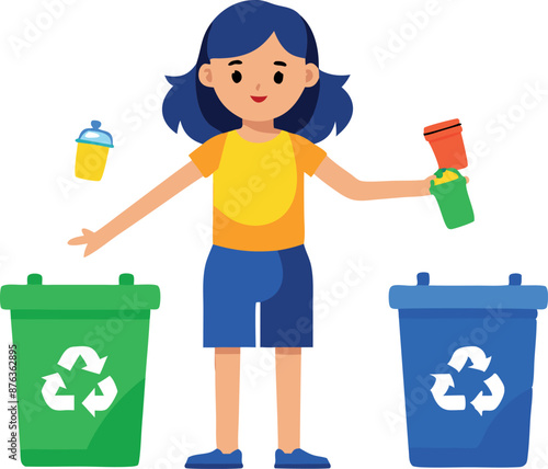Illustration of a young girl sorting recyclable materials into recycling bins, promoting environmental awareness