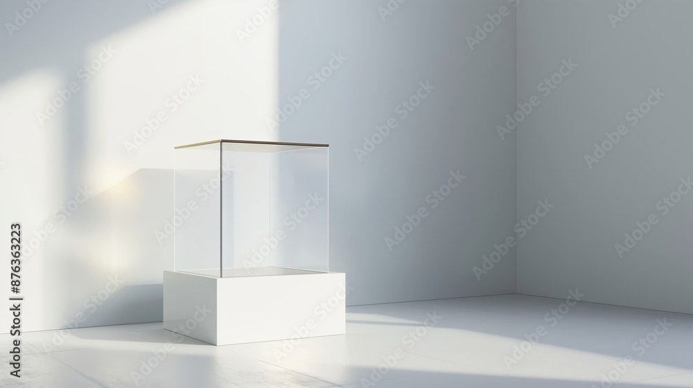 A clear glass box sits on a white pedestal in a room with a white wall. Product presentation background A clear glass box sits on a white pedestal in a room with a white wall. Product presentation background