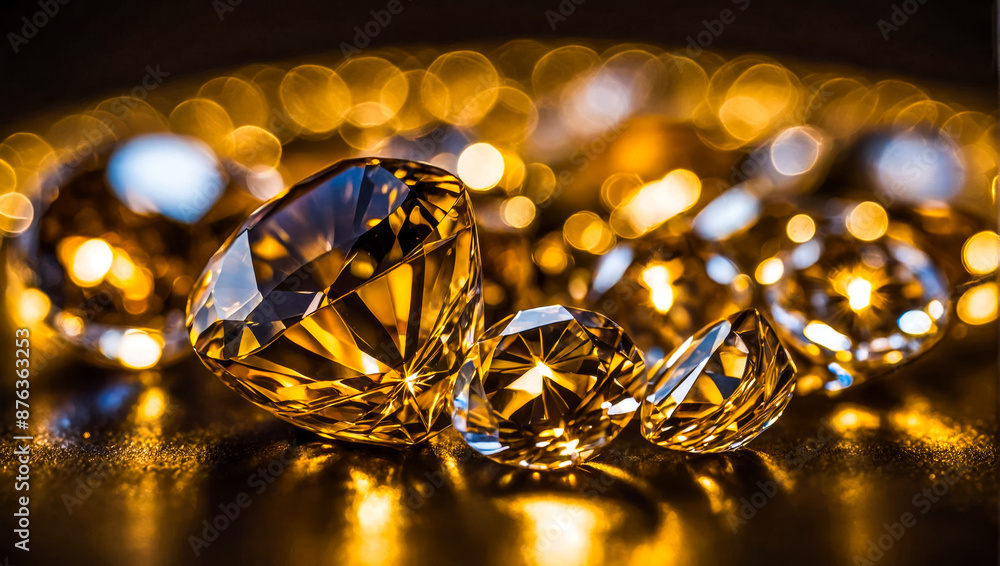 several gemstones, diamonds, placed on a reflective golden surface with vibrant lighting that creates colorful reflections several gemstones, diamonds, placed on a reflective golden surface with vibrant lighting that creates colorful reflections