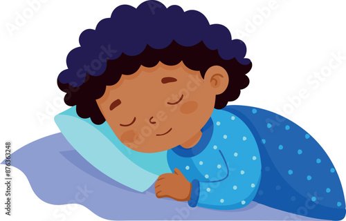 Illustration of a child sleeping on a bed. Child peacefully sleeping with a serene expression.