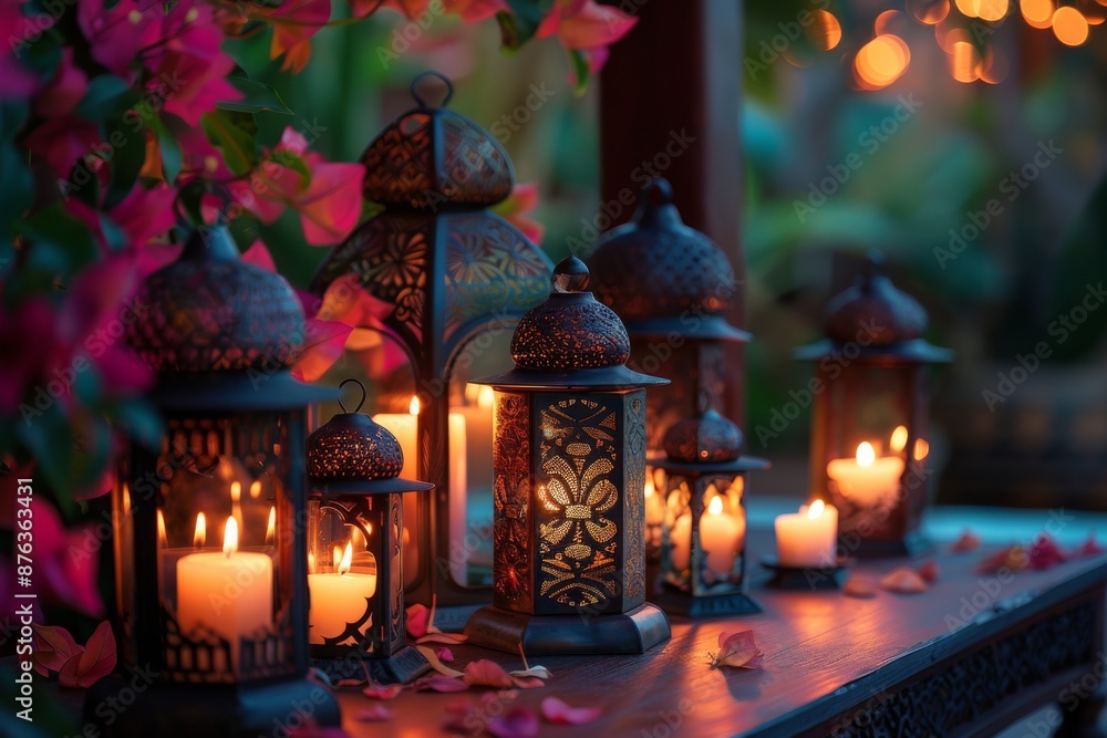 A collection of beautifully designed candles and lanterns glowing softly, creating a warm and inviting ambiance for diwali A collection of beautifully designed candles and lanterns glowing softly, creating a warm and inviting ambiance for diwali