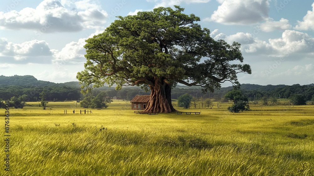 Fototapeta premium Large Tree With Small House in Field on Sunny Day