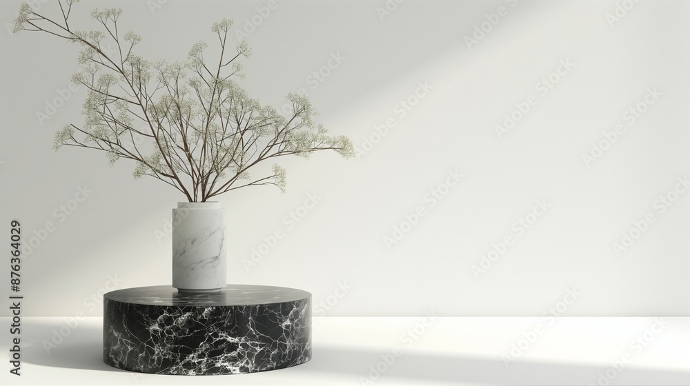 A white vase with a white flower in it sits on a black marble pedestal. Product presentation background A white vase with a white flower in it sits on a black marble pedestal. Product presentation background