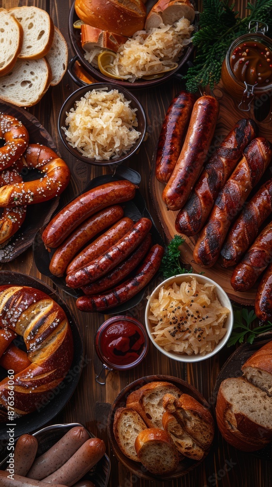 A delicious spread of traditional Oktoberfest foods, including sausages, sauerkraut, pretzels, and mustard, on a rustic wooden table. Oktoberfest selebration A delicious spread of traditional Oktoberfest foods, including sausages, sauerkraut, pretzels, and mustard, on a rustic wooden table. Oktoberfest selebration