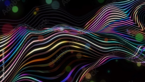 The flow of particles forms swirling lines, similar to glowing trails of different colors, Abstract chrome metal wave, geometric regular shapesthe. photo