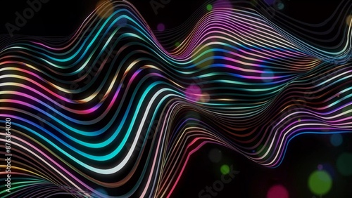 The flow of particles forms swirling lines, similar to glowing trails of different colors, Abstract chrome metal wave, geometric regular shapesthe