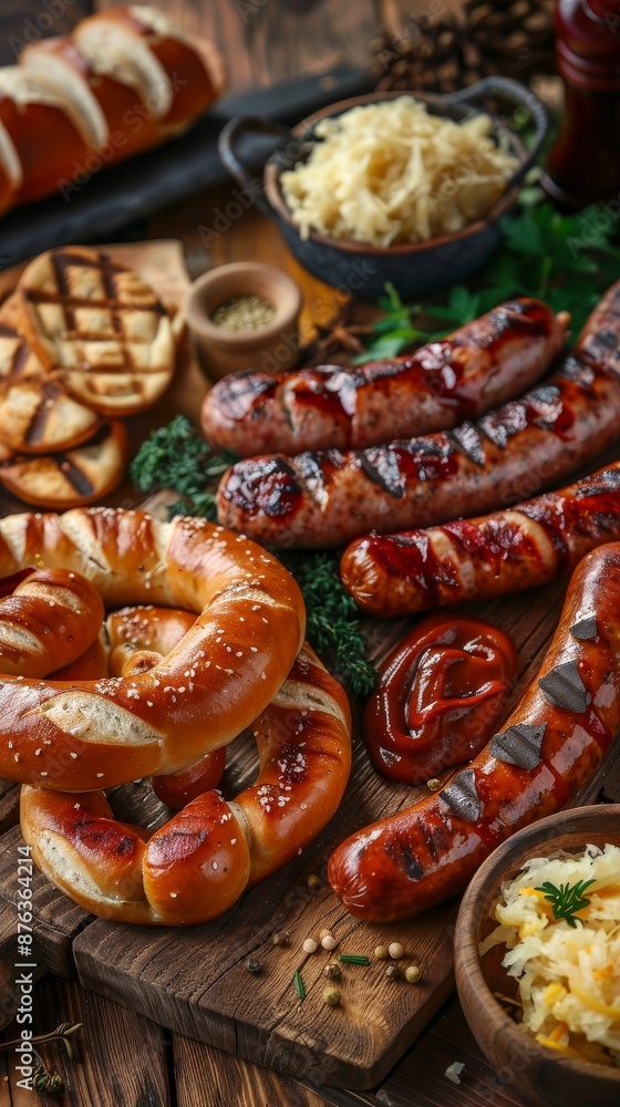 A delicious spread of traditional Oktoberfest foods, including sausages, sauerkraut, pretzels, and mustard, on a rustic wooden table. Oktoberfest selebration A delicious spread of traditional Oktoberfest foods, including sausages, sauerkraut, pretzels, and mustard, on a rustic wooden table. Oktoberfest selebration