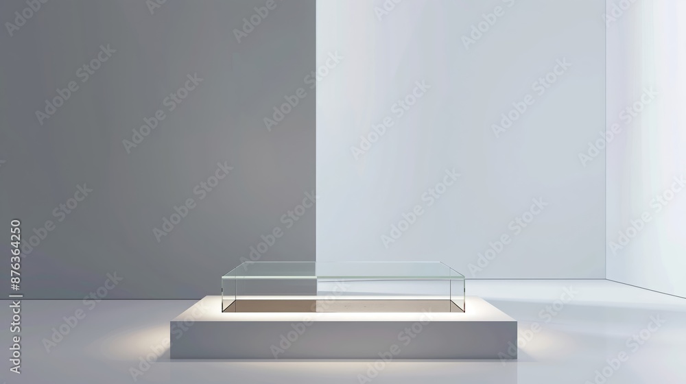 A glass table sits in front of a white wall. Product presentation background A glass table sits in front of a white wall. Product presentation background