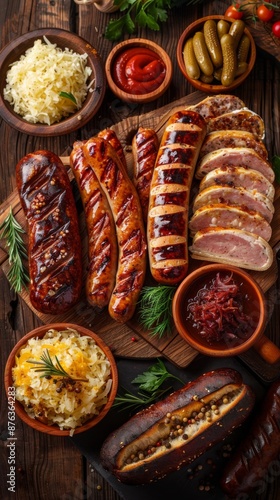 A delicious spread of traditional Oktoberfest foods, including sausages, sauerkraut, pretzels, and mustard, on a rustic wooden table. Oktoberfest selebration  photo