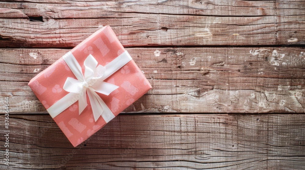 Pink Gift Box With A White Ribbon And Greeting Card On A Wooden Background, Creating A Charming Presentation Pink Gift Box With A White Ribbon And Greeting Card On A Wooden Background, Creating A Charming Presentation