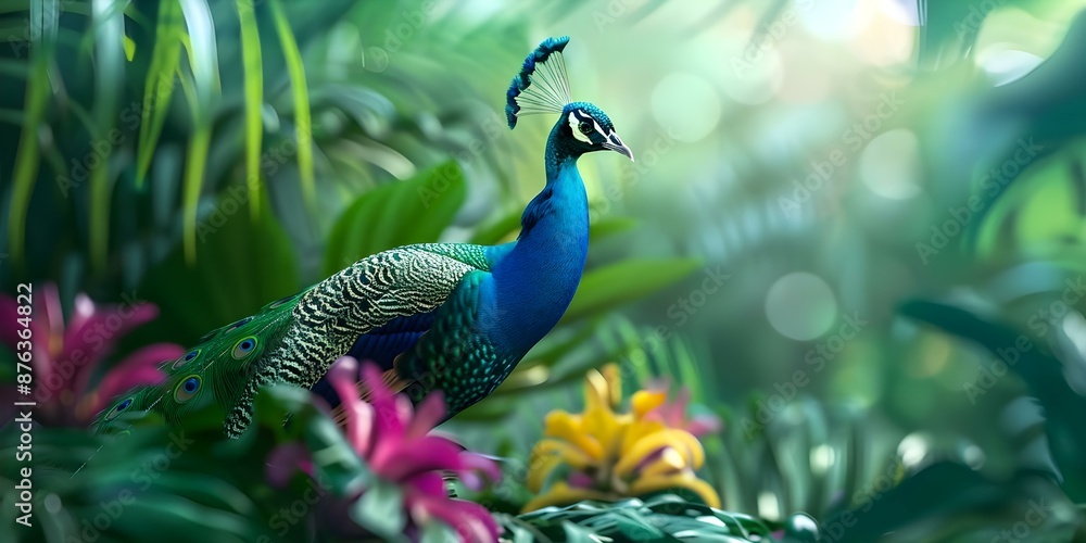 Fototapeta premium Creating a 3D visualization of a vibrant tropical jungle with a peacock and colorful flowers. Concept 3D visualization, Tropical jungle, Peacock, Colorful flowers