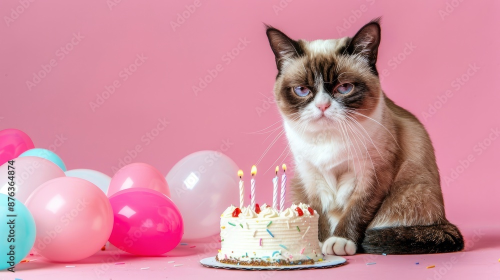 Playful Moment Captured: Grumpy Cat Begrudgingly Celebrates Its Birthday With Cake. Playful Moment Captured: Grumpy Cat Begrudgingly Celebrates Its Birthday With Cake.