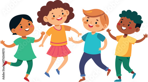 Illustration of a group of diverse children playing together, depicting friendship, fun, and multicultural activities.