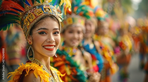 A Smiling Woman in a Colorful Costume at a Parade © maretaarining