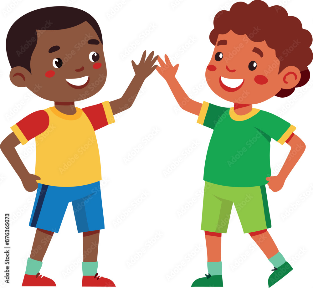 Two young boys giving a high five, showing friendship and happiness in a park setting. Two young boys giving a high five, showing friendship and happiness in a park setting.