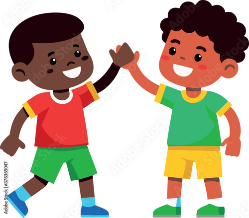 Two boys happily giving a high five, symbolizing friendship and joy in a summer environment.