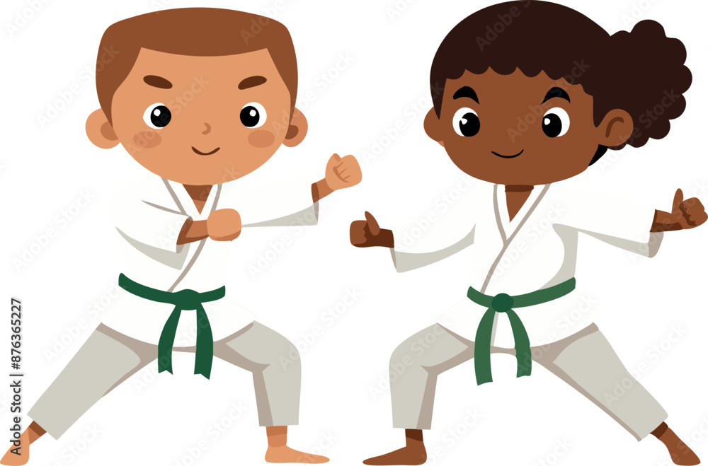 Two children practicing martial arts, wearing white karate uniforms with green belts, demonstrating a sparring pose. Two children practicing martial arts, wearing white karate uniforms with green belts, demonstrating a sparring pose.