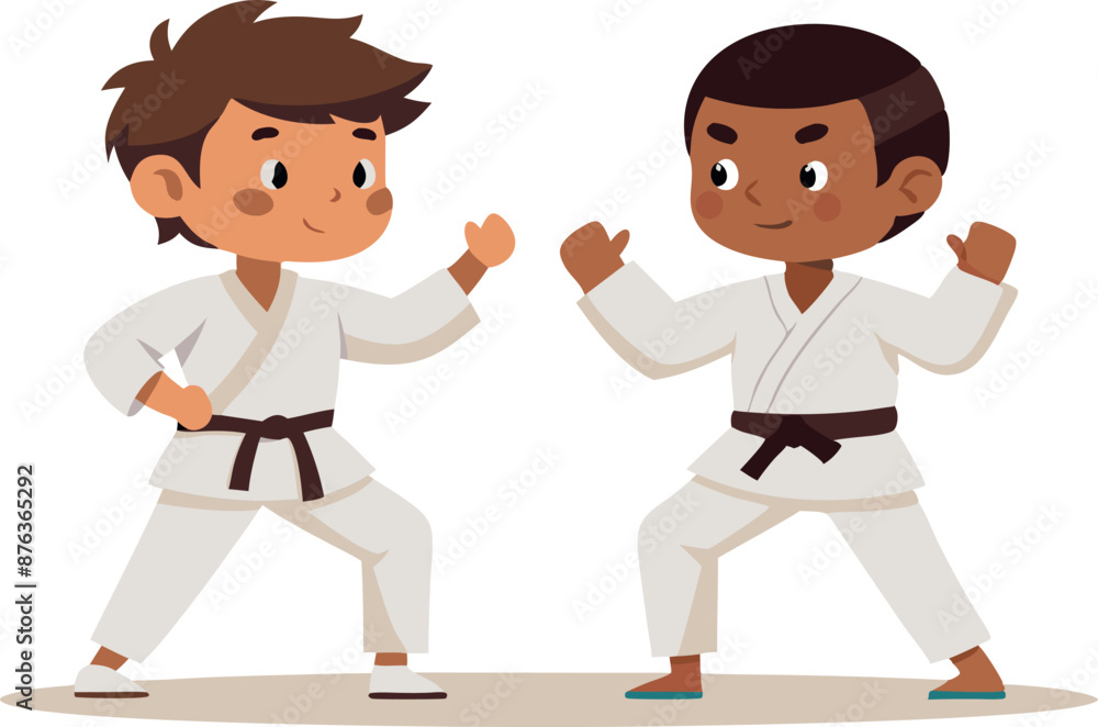 Two boys in karate uniforms sparring with each other. The image depicts young boys practicing martial arts, highlighting their determination and focus. Two boys in karate uniforms sparring with each other. The image depicts young boys practicing martial arts, highlighting their determination and focus.
