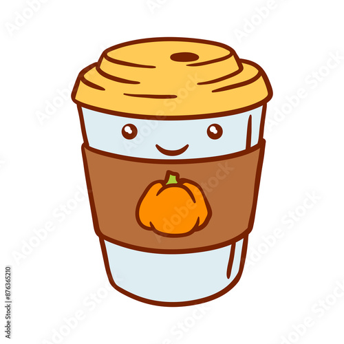 Pumpkin latte kawaii character. Delicious cute autumn hot drinks.