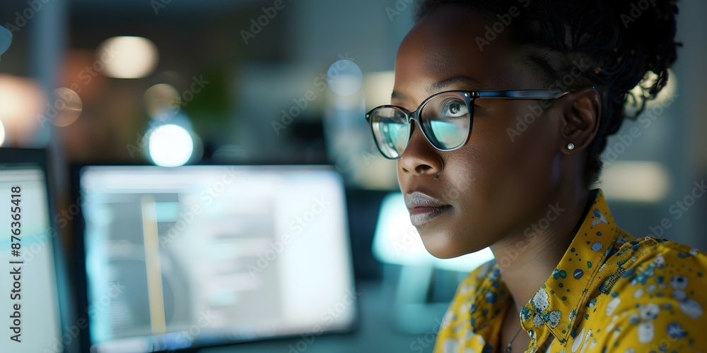 African American female IT developer working at computer in low-light office. Concept Technology, Diversity, Workplace, African American, IT Developer African American female IT developer working at computer in low-light office. Concept Technology, Diversity, Workplace, African American, IT Developer