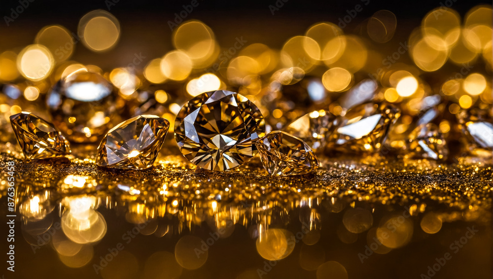 several gemstones, diamonds, placed on a reflective golden surface with vibrant lighting that creates colorful reflections several gemstones, diamonds, placed on a reflective golden surface with vibrant lighting that creates colorful reflections