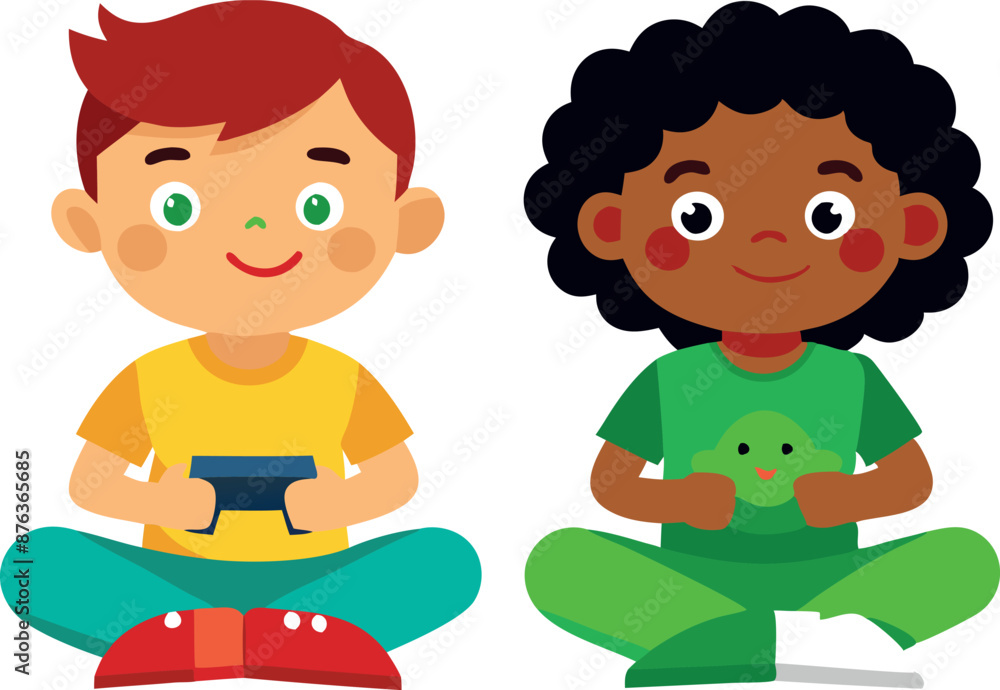 Two children sitting together, engaged in a thoughtful activity, depicting friendship and collaboration. Two children sitting together, engaged in a thoughtful activity, depicting friendship and collaboration.