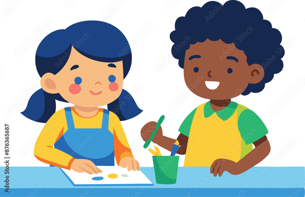 Two children enjoying a creative activity at a table, representing education and friendship in early childhood. Two children enjoying a creative activity at a table, representing education and friendship in early childhood.