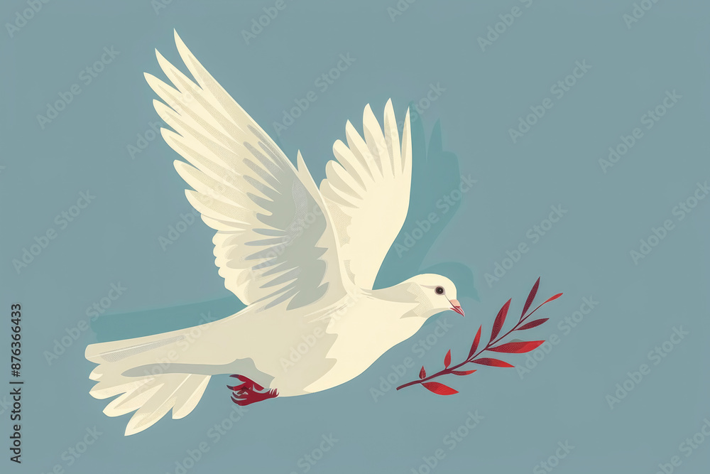 Obraz premium Dove of peace. flat design vector illustration: white dove with olive branch on soft blue sky background.