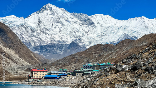 gokyo in gokyo valley in front of mount cho oyu
