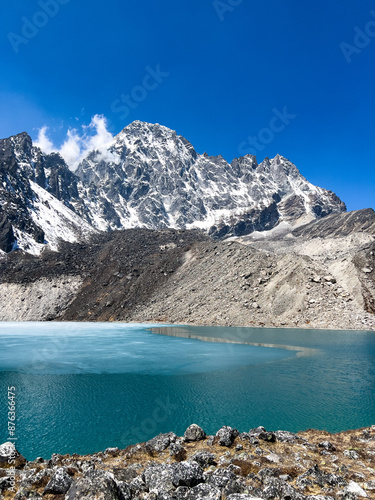 frozen gokyo lake and mountain panorama in himalayas