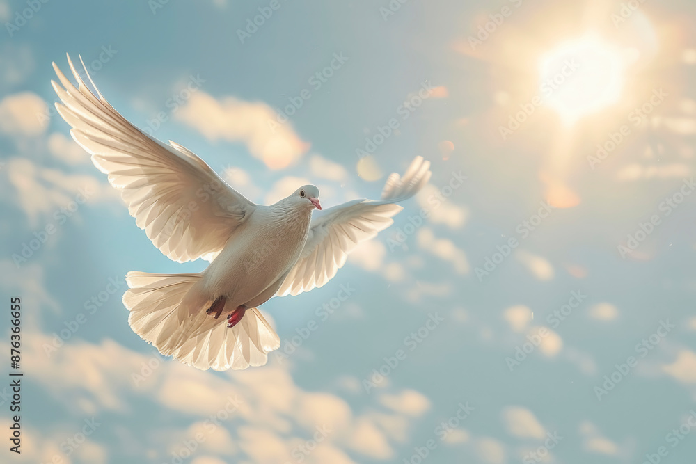 Fototapeta premium Dove of peace. A graceful white dove soars in the sunlit sky. The light flickers on the wings of a dove, emphasizing its purity and symbolism of peace.