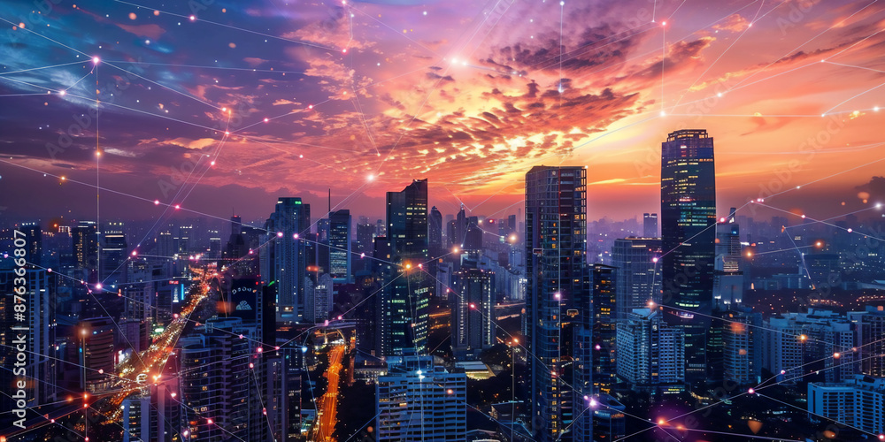 Fototapeta premium Aerial view of a vibrant city at sunset. Golden light bathes the skyscrapers, casting long shadows. Perfect for urban landscape, travel destination, and real estate marketing imagery