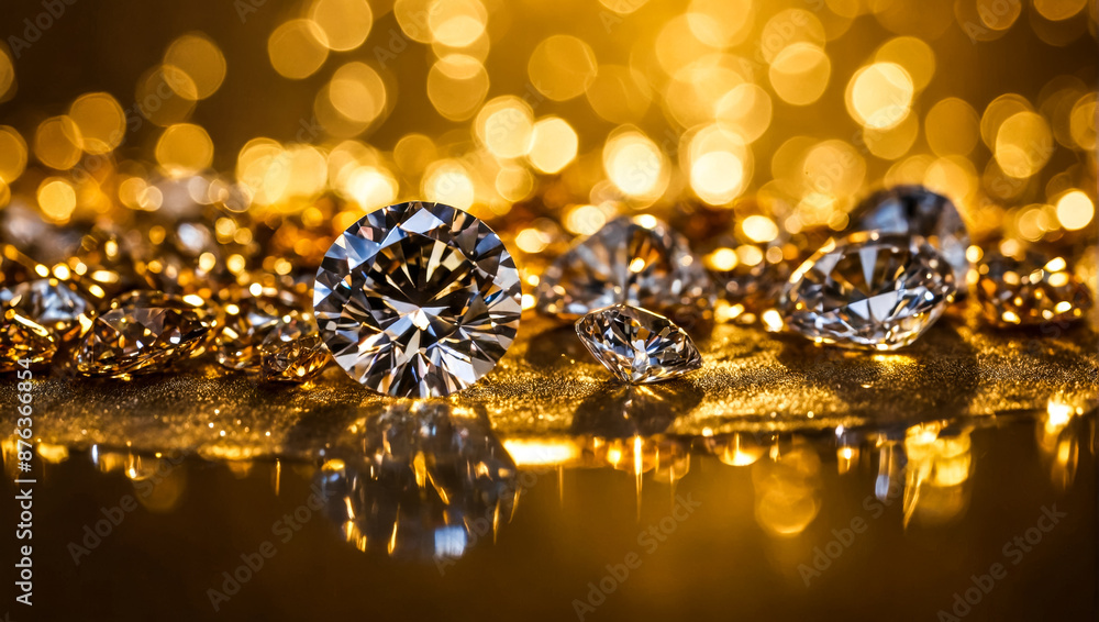 several gemstones, diamonds, placed on a reflective golden surface with vibrant lighting that creates colorful reflections several gemstones, diamonds, placed on a reflective golden surface with vibrant lighting that creates colorful reflections