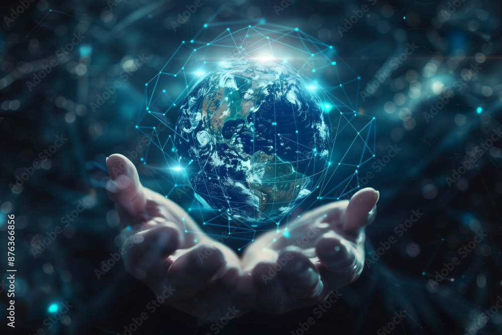 Close-up of a person holding a digital earth model in their hands. The Earth is depicted as a blue and green sphere made of data lines and glowing dots Close-up of a person holding a digital earth model in their hands. The Earth is depicted as a blue and green sphere made of data lines and glowing dots