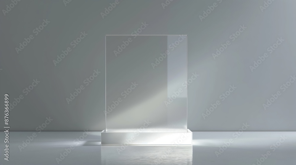 Fototapeta premium A clear glass box is sitting on a white surface. Product presentation background