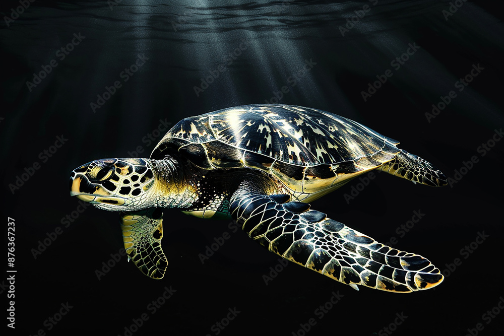 Fototapeta premium A sea turtle gracefully swimming underwater with sun rays penetrating the dark ocean.