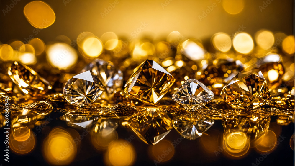 several gemstones, diamonds, placed on a reflective golden surface with vibrant lighting that creates colorful reflections several gemstones, diamonds, placed on a reflective golden surface with vibrant lighting that creates colorful reflections