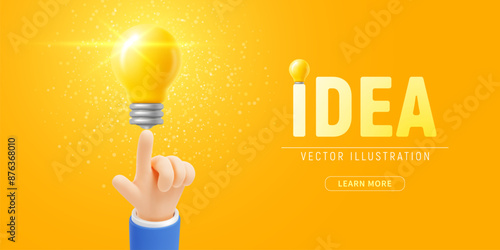 Hand points to a luminous yellow light bulb. Good creative idea or business success creative concept, banner template. Vibrant yellow background. 3d realistic vector illustration