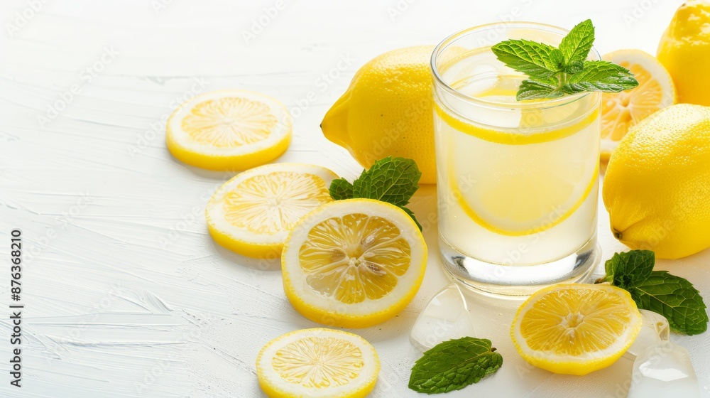 Refreshing lemonade with lemon slices and mint leaves, isolated white background, pop art style, flat photo, angled shot, vibrant colors, focus cover all object, deep dept of field Refreshing lemonade with lemon slices and mint leaves, isolated white background, pop art style, flat photo, angled shot, vibrant colors, focus cover all object, deep dept of field