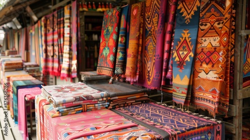 Colorful Ikat textiles, with intricate patterns and rich hues, captivate visitors in a lively market.