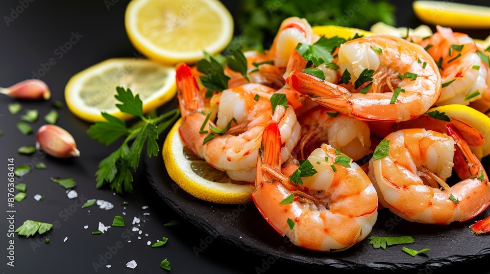 Sauteed shrimps and prawns with garlic and herbs, arranged elegantly on a black background with lemon slices and copy space, focus cover all object, deep dept of field Sauteed shrimps and prawns with garlic and herbs, arranged elegantly on a black background with lemon slices and copy space, focus cover all object, deep dept of field