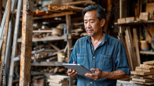 A man in a blue shirt is looking at a tablet. He is in a workshop with wood and tools